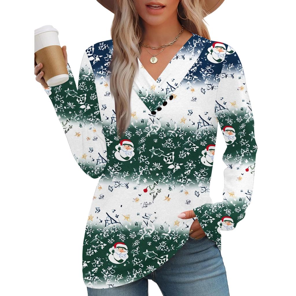 Women's Fashion Casual V-neck Pleated Christmas Long Sleeve Top