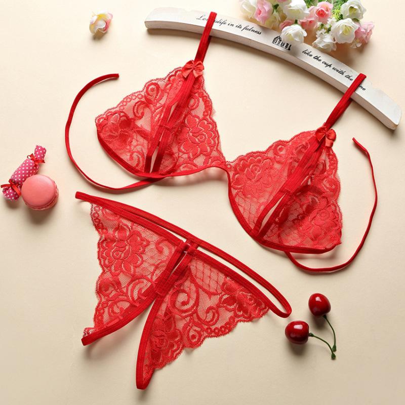 Sexy Underwear Women's Open Three-point Sexy Lace Transparent Open Panties Bra Strap Backless Temptation