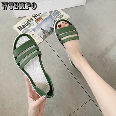 Женские летние сандалии на плоской подошве, шлепанцы с открытым носком, повседневные пляжные туфли ярких цветов, женская прозрачная обувь