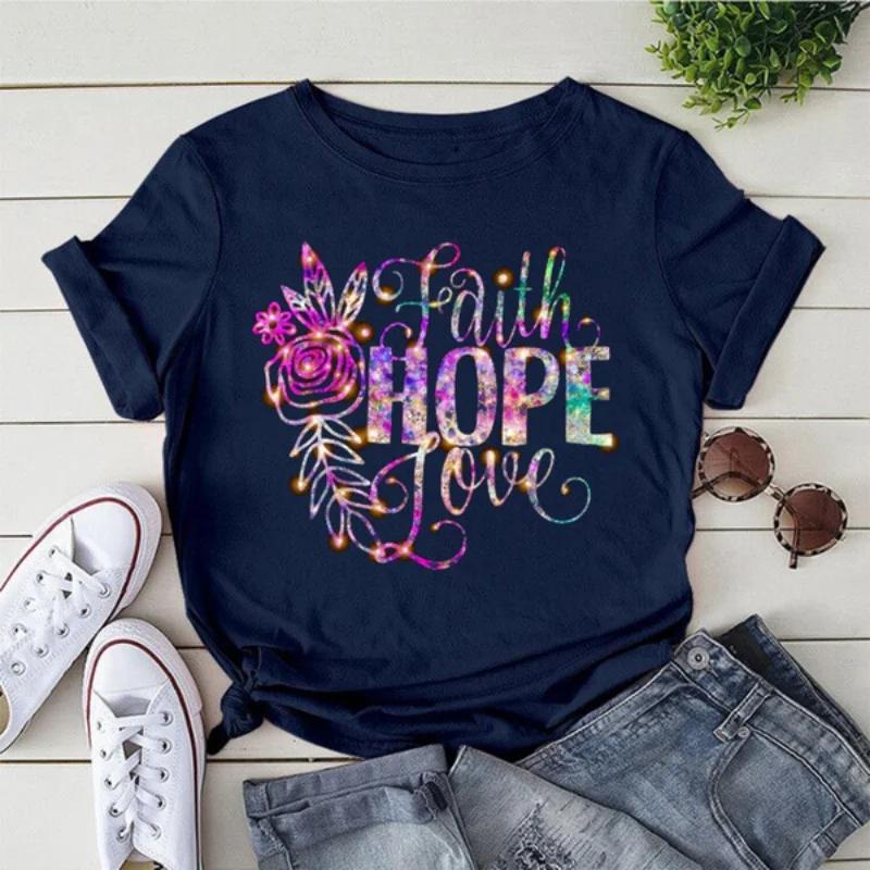 FAITH HOPE LOVE Фиолетовый цветочный принт Женская футболка с коротким рукавом и круглым вырезом Свободная женская футболка Женская футболка Топы Camisetas Mujer