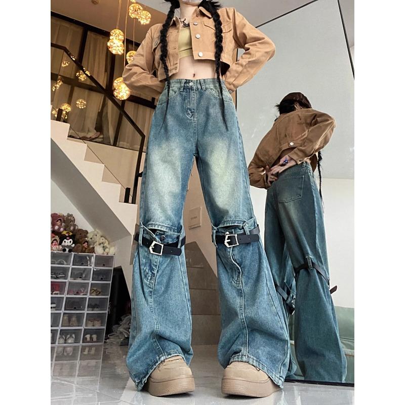 Женские джинсы, джинсовые брюки с вырезом, полые ремни для ног, брюки y2k с высокой талией, уличная одежда в стиле Харадзюку, эстетика в стиле панк, готика, гранж