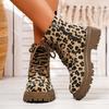 Women's Leopard Print Boots  Side Zip Comfortable Thick Bottom Flat Boots  Winter Round Toe Short Boots
