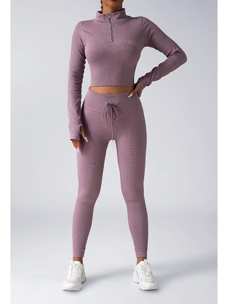 Women's Seamless Fitness Yoga Set: Zipper Long-Sleeve Top & Drawstring Hip-Lifting Trousers