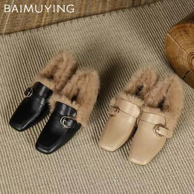 Меховые женские мокасины, кожаные ботинки с квадратным носком и толстым хлопком, женские зимние модные платья 2025 года, элегантные Zapatillas De Mujer
