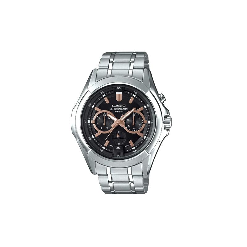 Casio Серия STANDARD, водозащита 50 м, Кварцевые, Стальной ремешок, , мужские часы, черный циферблат MTP-E204D-1AVDF