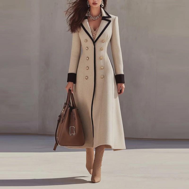 Womens 2026 Fall Vintage Lapel Long Trench Coat Double Breasted Color Block Outerwear