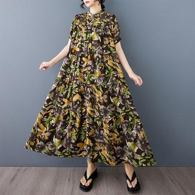 Летнее Новое Платье с Короткими Рукавами и Круглым Вырезом, Однобортное, Повседневное, для Отпуска, Свободного Кроя, Богемное, Иностранной Торговли, Женское