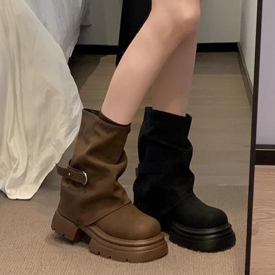 Версия из мягкой кожи~ женские ботфорты 2025 ранняя осень новая мода популярный зарубежный стиль ретро толстый каблук жареные уличные ботинки-локомотивы