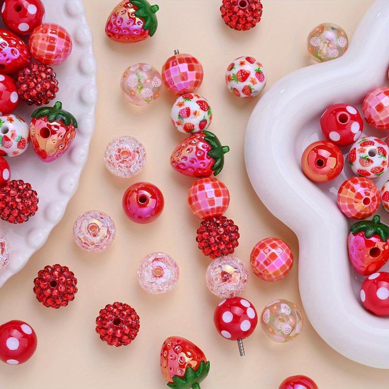 20Pcs Mixed Red Round Strawberry Acrylic Beads Lightweight for DIY Bracelet Necklace Party Decor Craft Making Accessories
