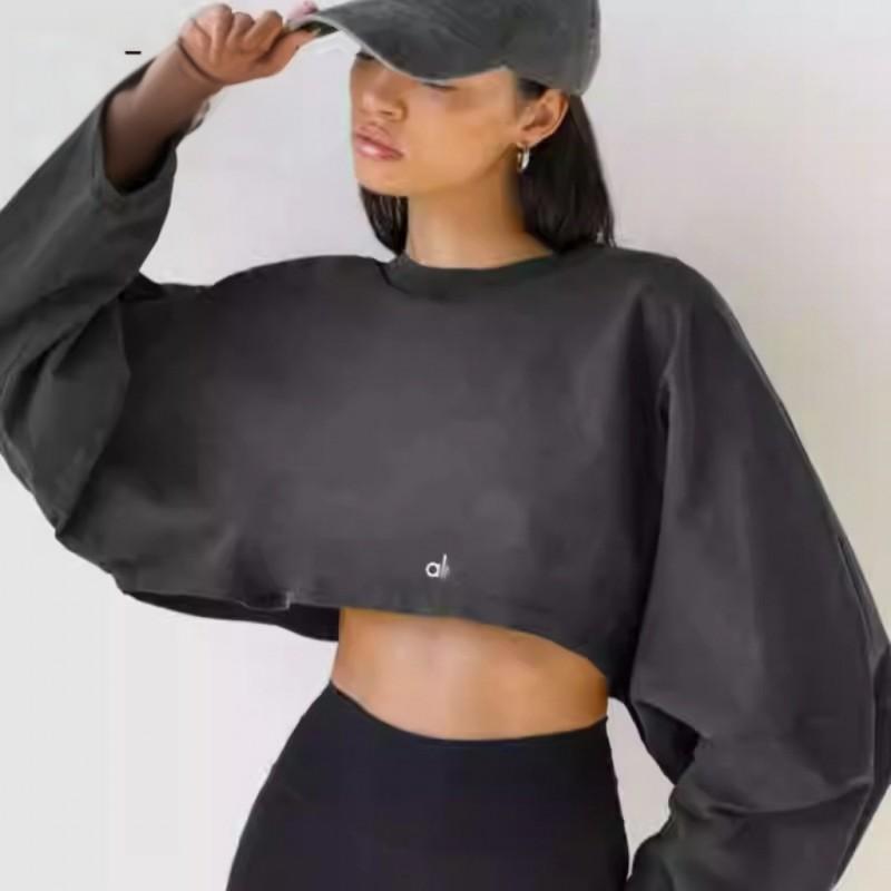 Womens Cropped Crew Neck Sweatshirt Loose Long Sleeve Athletic Top Workout Running