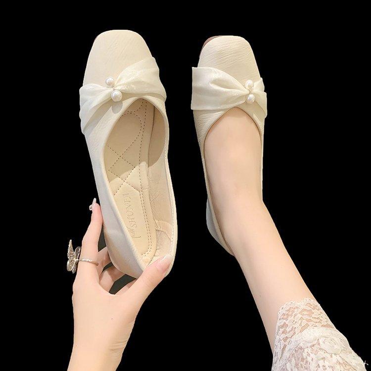 Fairy Gentle Wind Mesh Pearl 2025 Autumn New Thick Medium Heel Square Head Versatile Round Head Cowhide Shallow Mouth Single Shoes