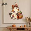 Halloween Theme Pendant Cute Bow Ghost Door Sign, Wooden Patchwork Hanging Plaque with Pumpkin Candy Basket, Party Background Decor Retro Wall Lanyard