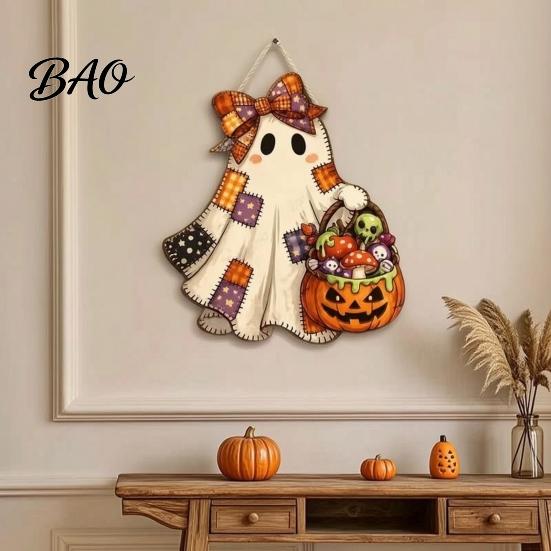 Halloween Theme Pendant Cute Bow Ghost Door Sign, Wooden Patchwork Hanging Plaque with Pumpkin Candy Basket, Party Background Decor Retro Wall Lanyard
