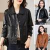 Women Jacket Faux Leather Smooth Surface Turn-down Collar Single-breasted Long Sleeves Pockets Retro