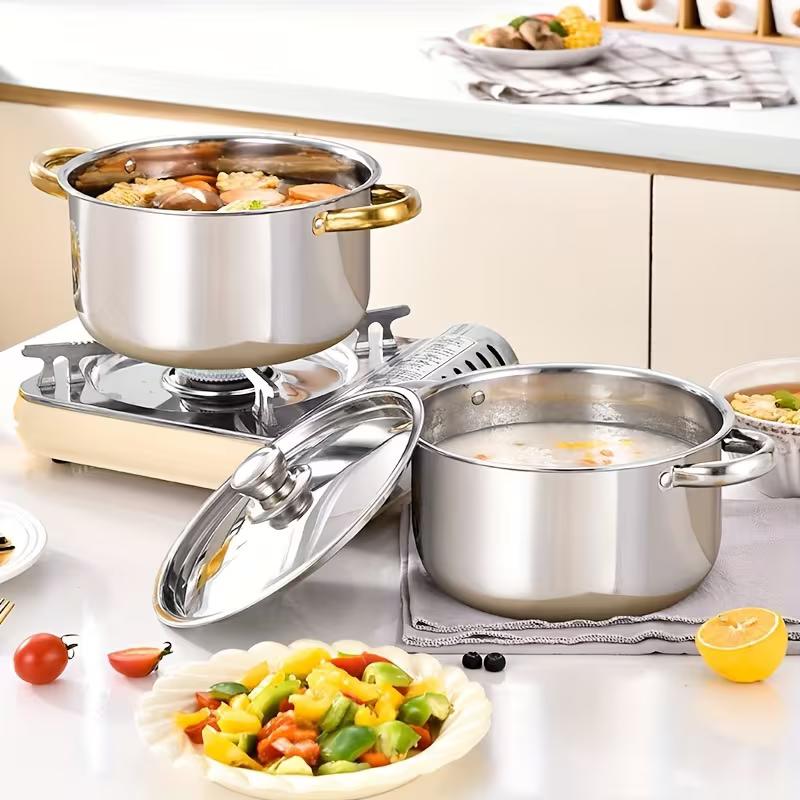 4-piece Stainless Steel Cookware Set, Comprising 4 Pans and 4 Lids, Suitable for All Hobs, Versatile Soup Pots, Ideal for Kitchen Use less