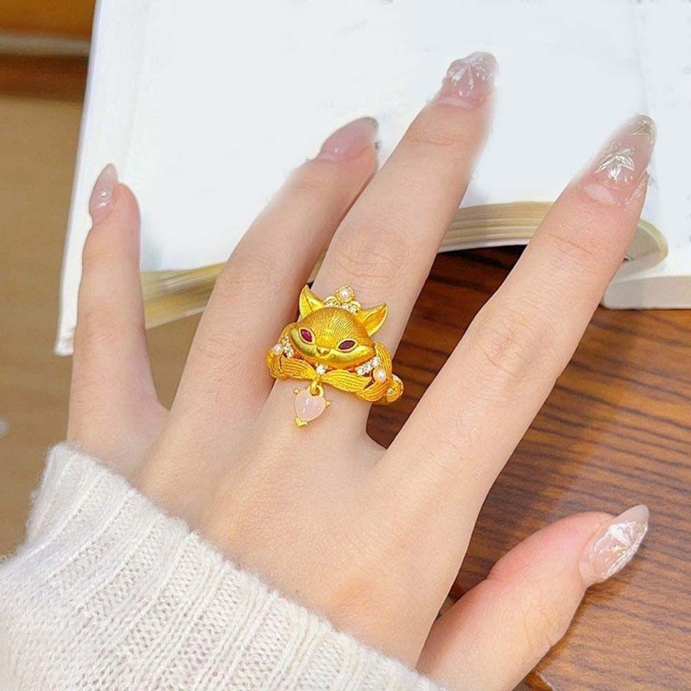 Golden Rhinestone Opening Ring Textured Animal Ring Creative Vintage Metal Ring Daily