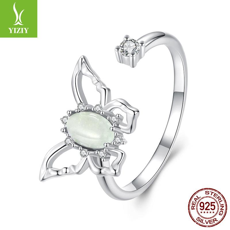 Design Butterfly Open Ring, Spring 925 Sterling Silver Stylish Simple Natural Jade Jewelry