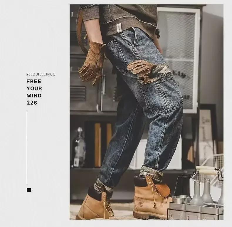 Мужские джинсы Stone-Ground в стиле ретро в стиле Гонконга — плотные, свободные, прямого кроя, широкие повседневные рабочие брюки