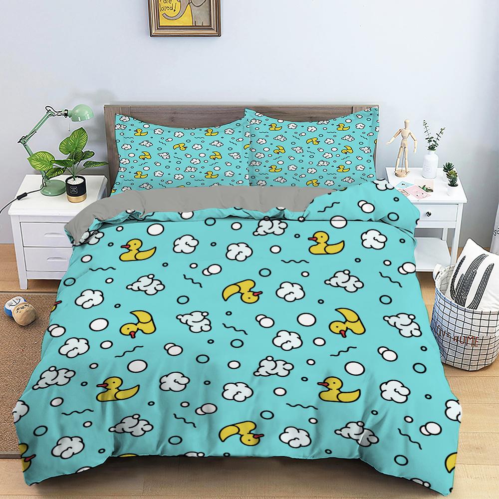 Cartoon Yellow Duck King Queen Duvet Cover Farm Lovely Animal Bedding Set Blue Bubble Quilt Cover Soft Polyester Comforter Cover