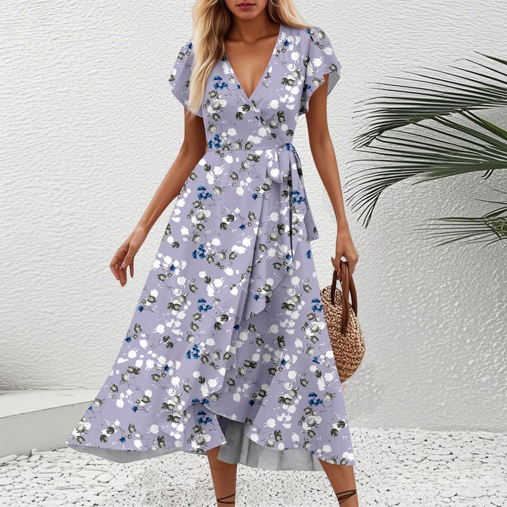 Женские платья с V-образным вырезом, приталенным цветочным принтом и коротким рукавом