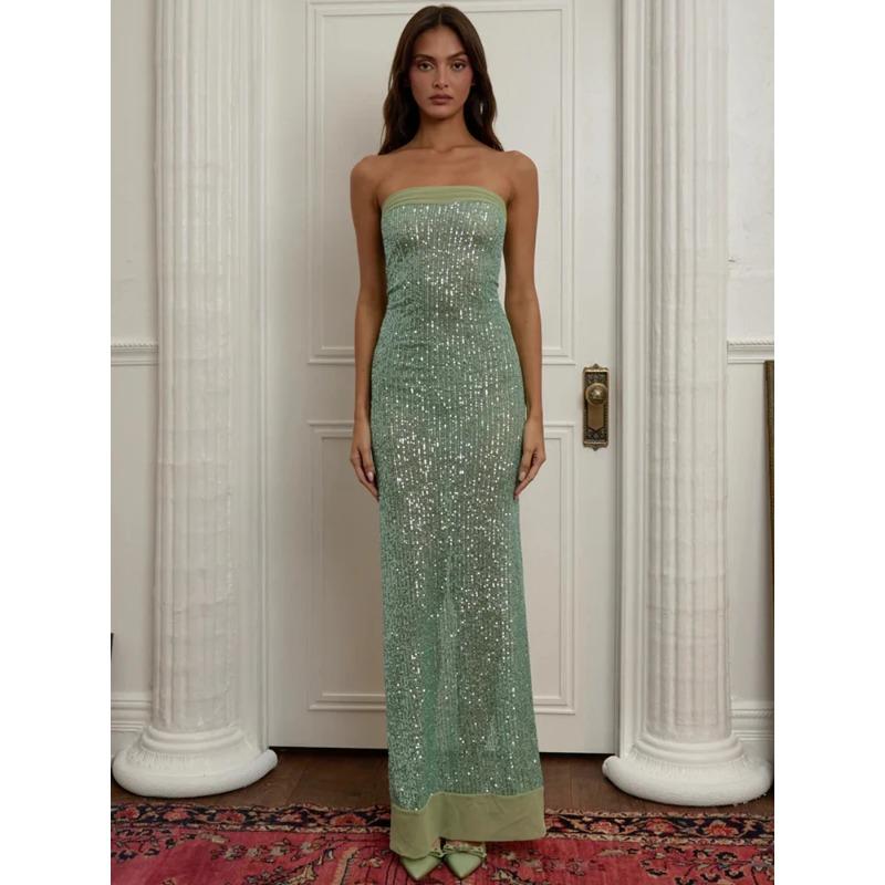 Платье макси Mozision Sequin без бретелек с высоким разрезом, сексуальное, женское, элегантное, без рукавов, с открытой спиной, блестящее, длиной до пола
