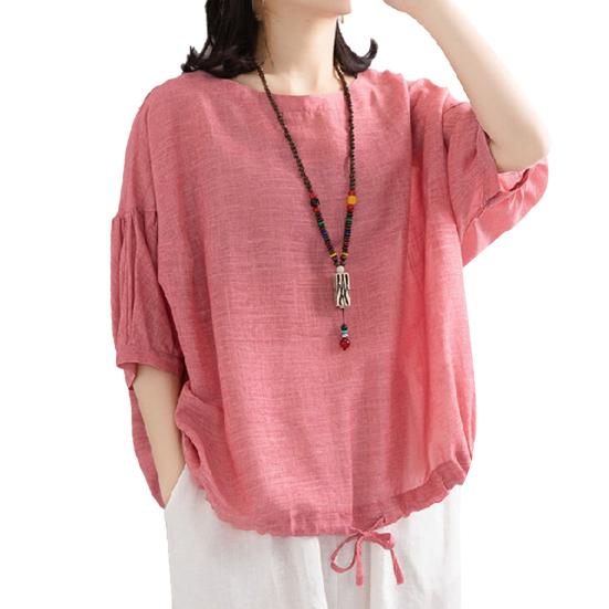 Блузка с коротким рукавом, дышащая хлопковая льняная женская рубашка «летучая мышь», подол, одежда для повседневного ношения
