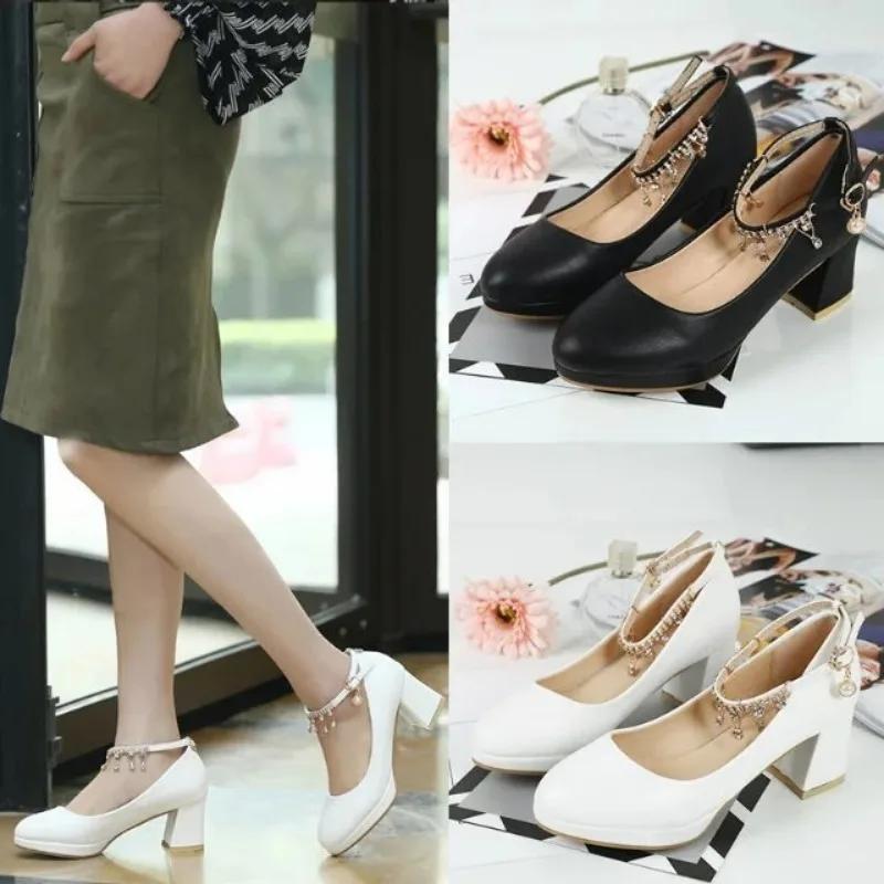 Женские элегантные туфли на высоком каблуке 6 см, модные женские туфли-лодочки с кристальным ремешком на щиколотке и толстым каблуком, осень 2025, свадебные, роскошные туфли для вечеринки