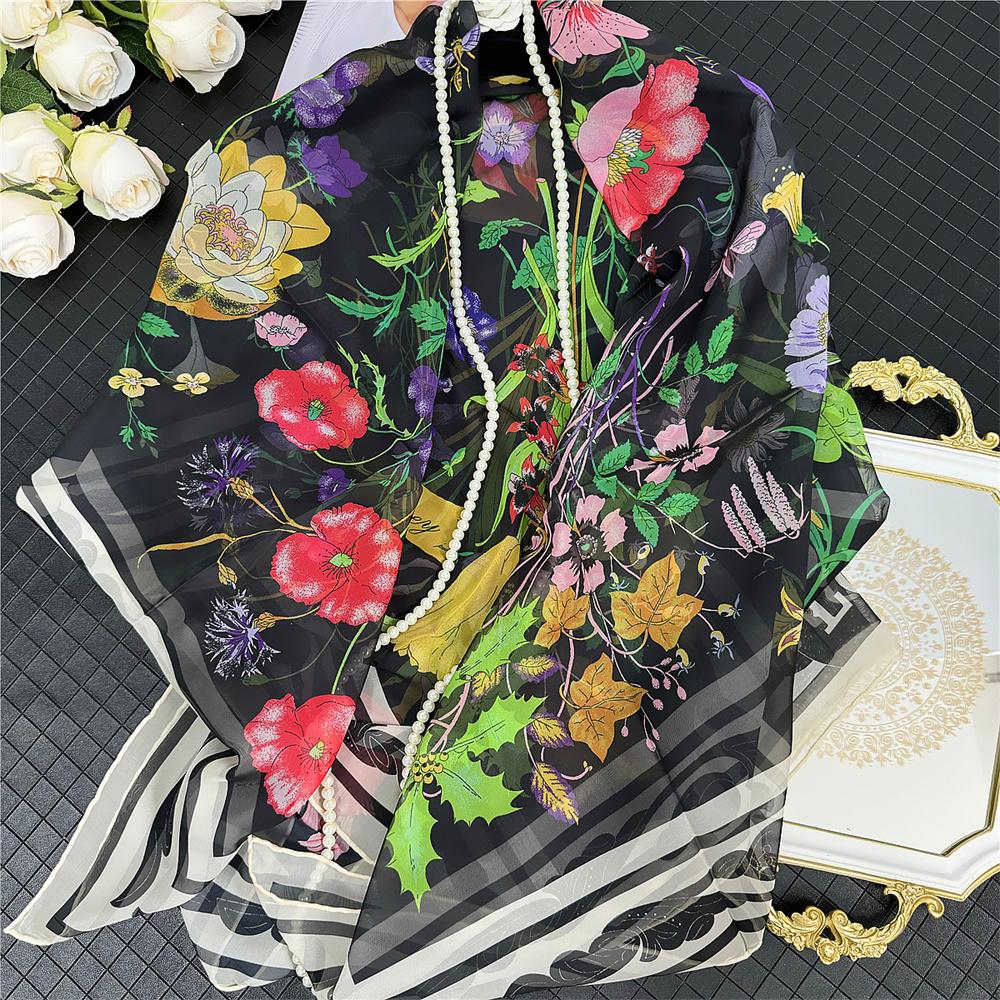 POBING Silk Cashmere Scarf Women Hand Rolled Shawls Fashion Printed Square Scarves Wraps Lady Bandana Big Hijabs Female Foulards
