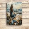 1 piece: Mermaid Gazing at the Sea - Tin Wall Hanging Plaque, Nordic Style Home Decor, Living Room/Entrance Hall Art Mural, Ocea