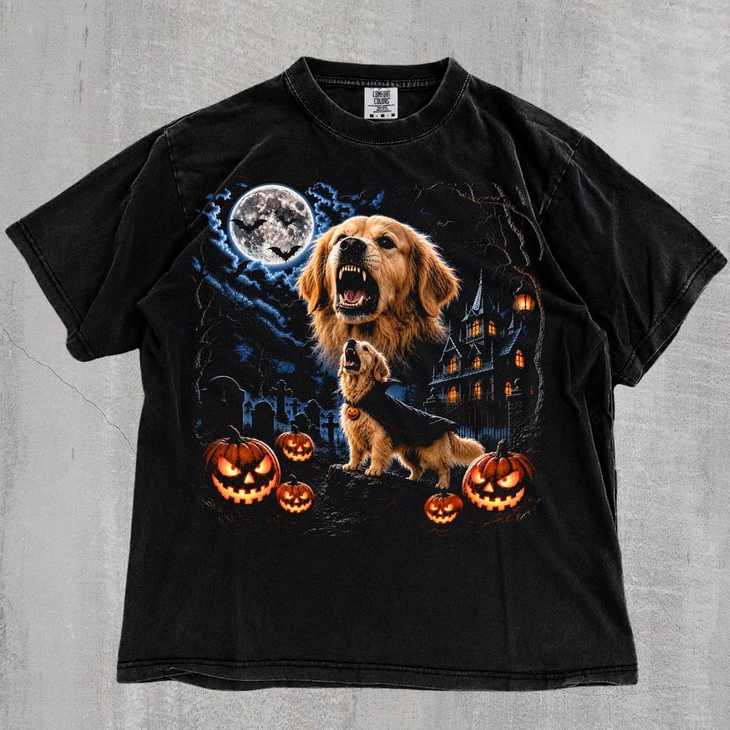 Golden Retriever Howling Moon T-Shirt,Pumpkin Dog Graphic Tee,Halloween Pet Lover Shirt,Cute Spooky Dog Shirt,Golden Retriever Mom Gift
