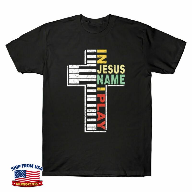 In Jesus Name I Play Piano Christians Vintage T-Shirt Men's Retro Black Navy Tee