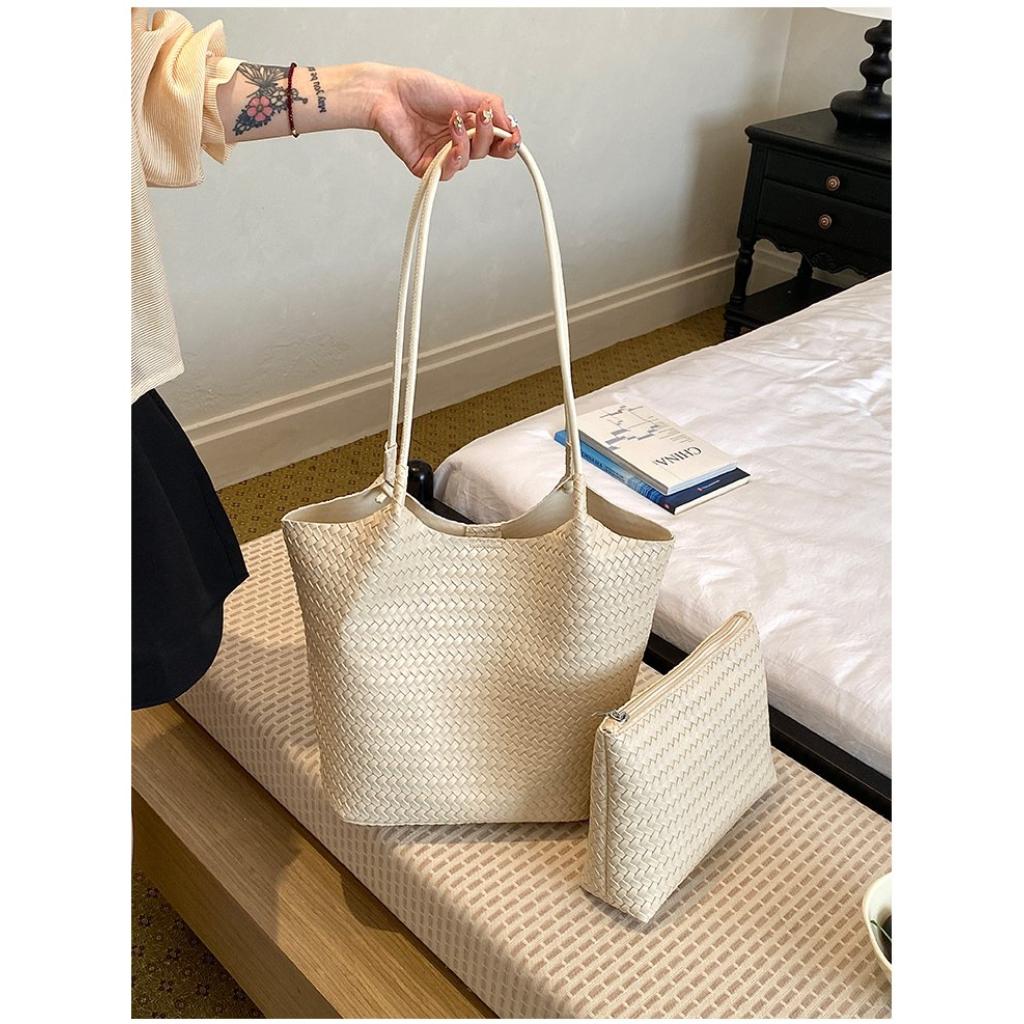 Tote Bag Women PU Woven Texture Large Capacity Office Daily Use