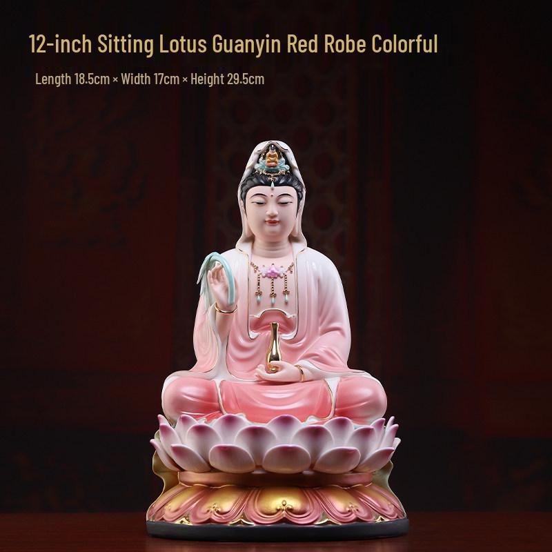 Red Robe Ceramic Guanyin Ornament – Home Worship Bodhisattva Statue for Living Room Decor
