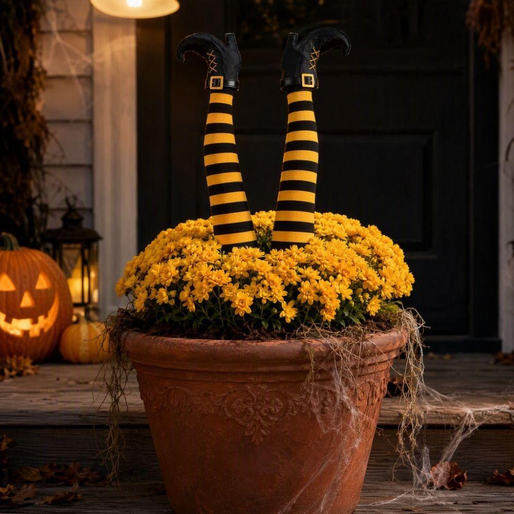 6pcs Pumpkin Bat Witch Legs Decoration Striped Print Witch Feet Lawn Decor Autumn Decorations