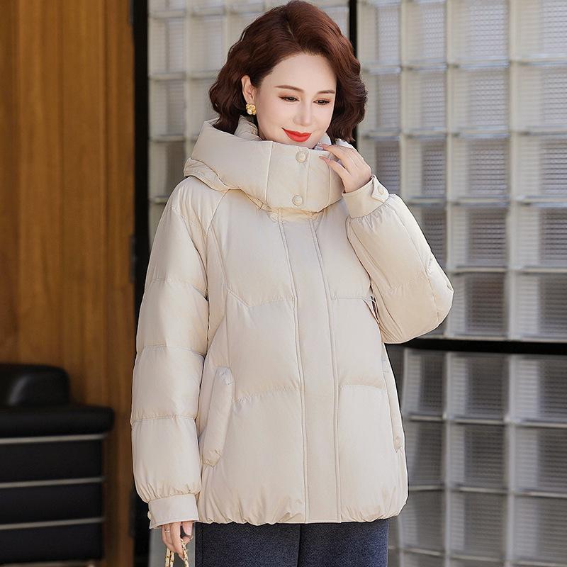 Женская белая пуховая куртка с капюшоном - Зима 2025, Короткая, Утепленная, Теплая для женщин среднего и пожилого возраста.