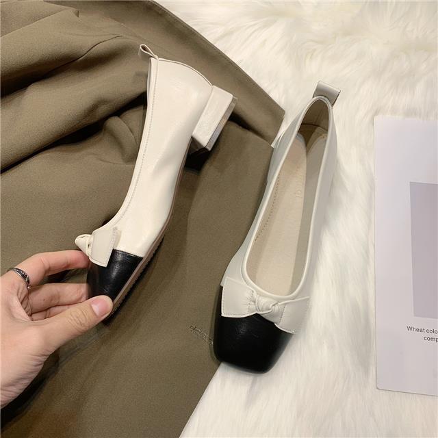 Fashion Women Ballet Flats Shoes Two Color Splice Bow Round Flats Shoes Fashion Low Heel Shallow Female Ladies Square Heel Single Shoes