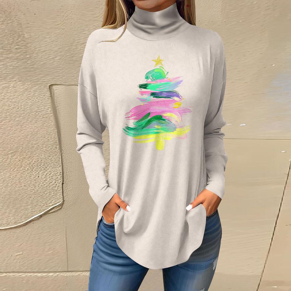 Women's Fashionable Loose-Fit High-Neck T-Shirt With Christmas Print Long-Sleeved Top