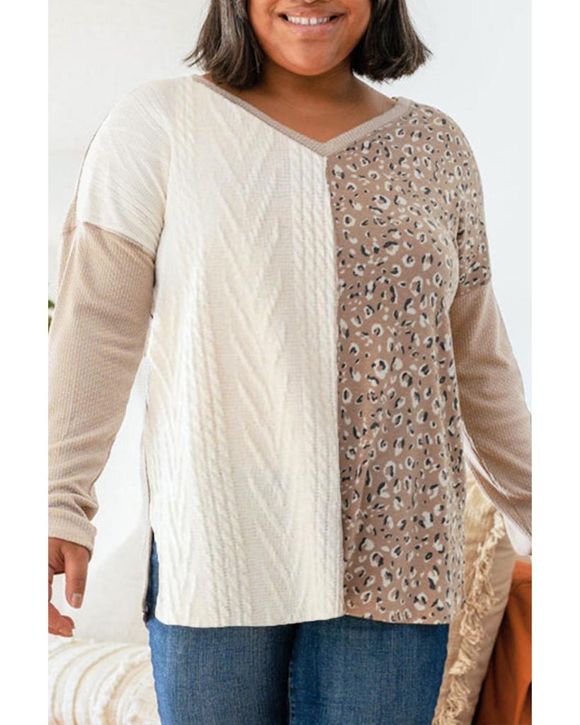 Azura Exchange Leopard Patchwork Mix Knit Long Sleeve Top