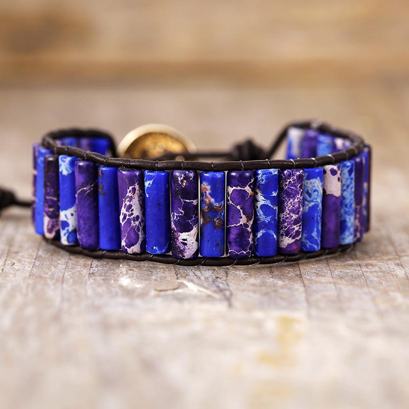 Luxury ethnic style natural stone emperor stone handmade beaded bracelet European and American retro leather rope winding woven bracelet jewelry