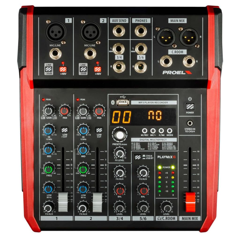 PROEL PLAYMIX6 JP Компактный микшер с 100 цифровыми записями MP3 и функциями аудиоинтерфейса, 6-канальный, 24-битный звук, встроенные эффекты, воспроизведение,