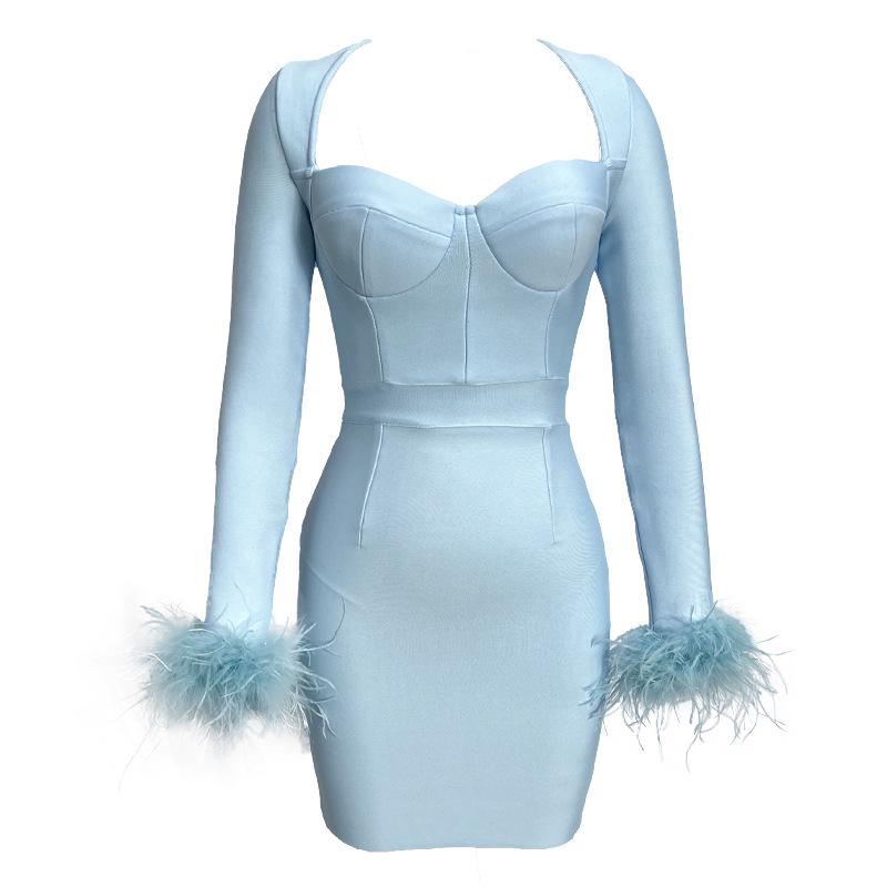 Новое вечернее платье с длинным рукавом и перьями в европейском и американском стиле с бандажной отделкой