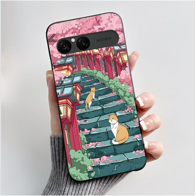 Cute Case For Sony Xperia 10 VII Fundas Capa Printing Shell Protective Cover Soft Silicone Cartoon Black Casing Coque