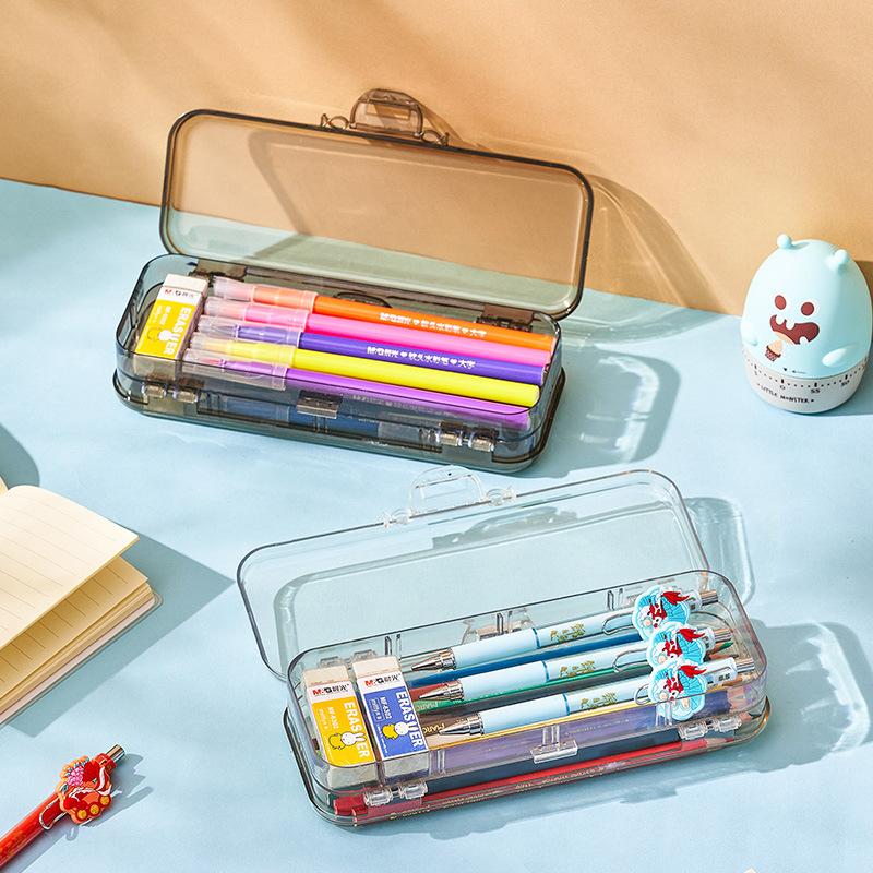 Simple Transparent Pencil Case Plastic Double Door Double Open Pencil Box Storage Box Stationery Estuches Office Supplies