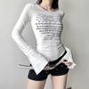 Spicy Girl Basic Knitted Slim Fit Round Neck Letter Printed Slit Long Sleeved T-shirt for Women