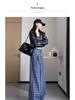Women's Retro Plaid Double-Breasted Straight-Leg Wide-Leg Pants - Zhao Lusi Style, Spring & Autumn Collection in Blue.