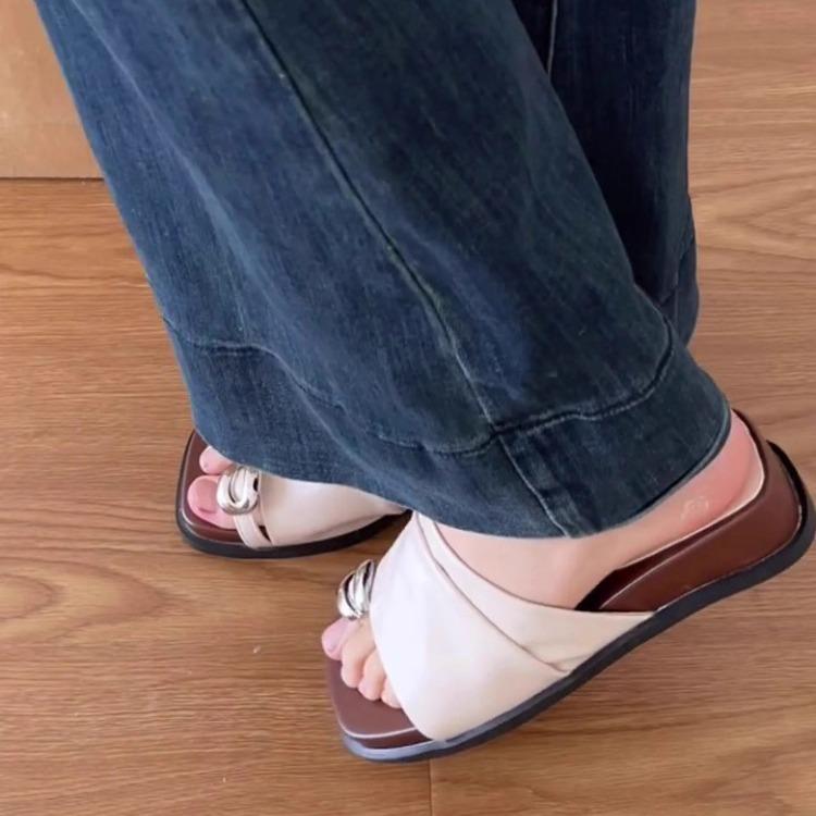 Sheepskin version French retro pleated metal toe slippers women's summer wear thick bottom not tired feet temperament cool slippers