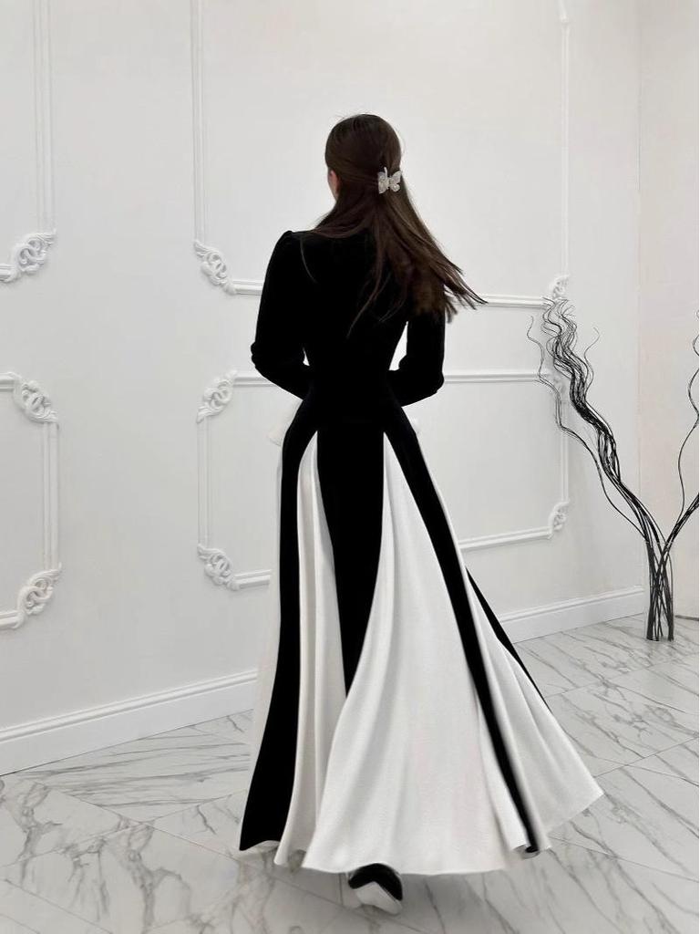 Осень/Зима 2024 Евро-американское черно-белое платье-свинг с длинным рукавом и оборками LX0105