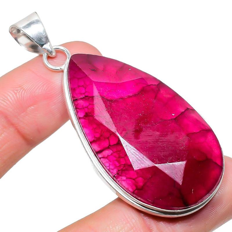 Ruby(Simulated) Gemstone Handmade 925 Sterling Silver Jewelry Pendant 2.17" AH-916