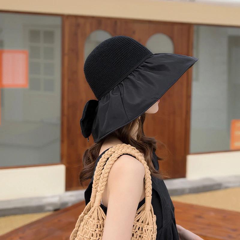 WTEMPO Fashion Foldable Soft Bow Bucket Sun Hats Women's Wide Brim Retro Simple Elegant Versatile Hollow-out Hats