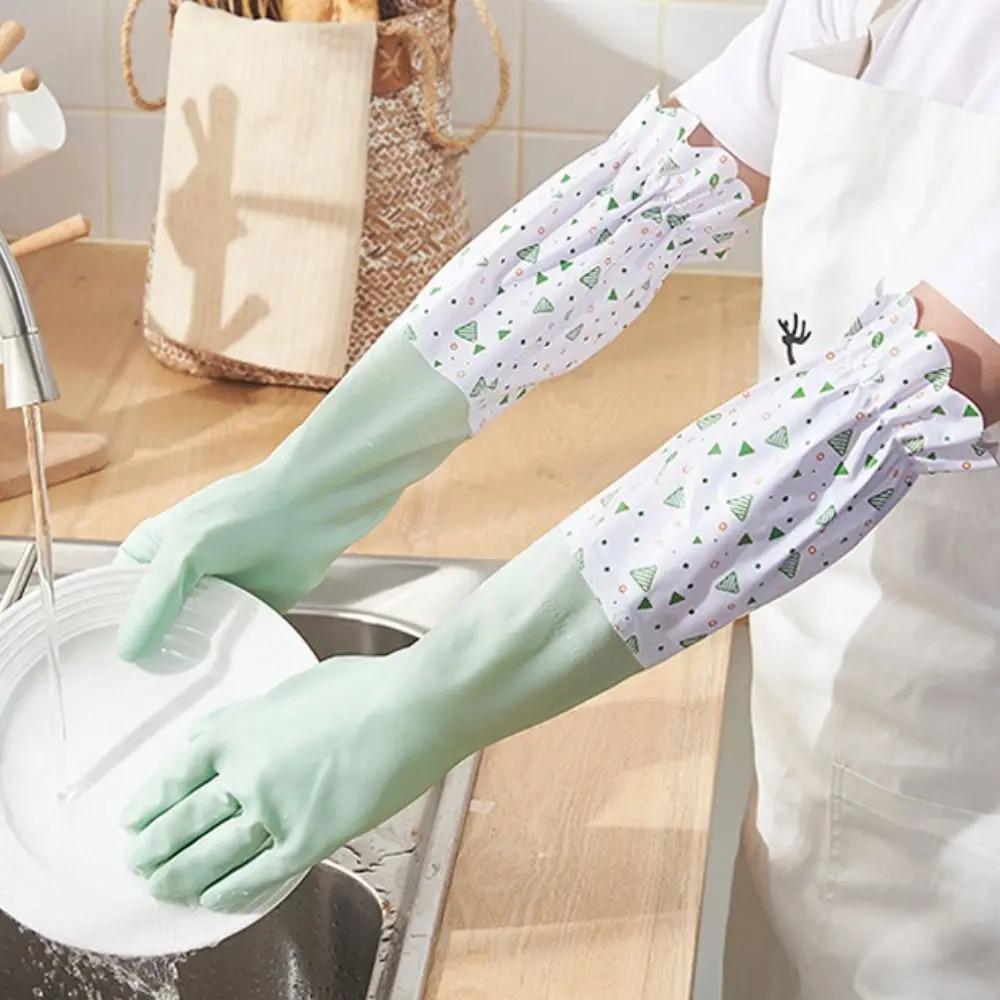 Rubber Dish Washing Gloves Waterproof Elastic Cuffs Housework Gloves Latex Long Sleeve Winter Cleaning Gloves